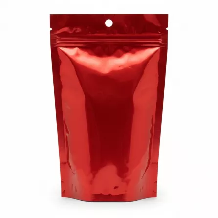 Back of red resealable pouch showing product label and barcode