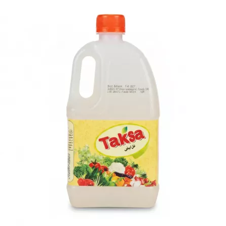 Taksa vinegar 1 litre plastic bottle side showing label and logo