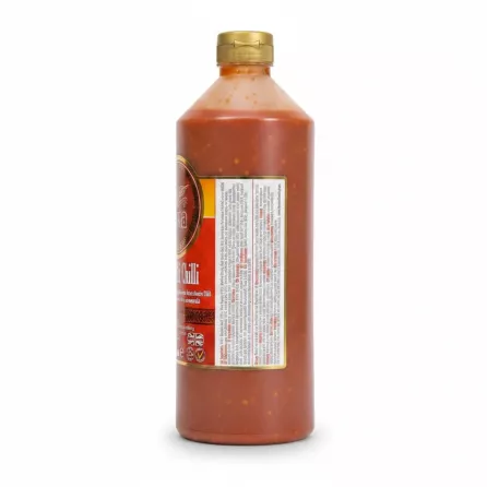 Heera Extra Hot Chilli Sauce 1 Litre bottle side label showing ingredients