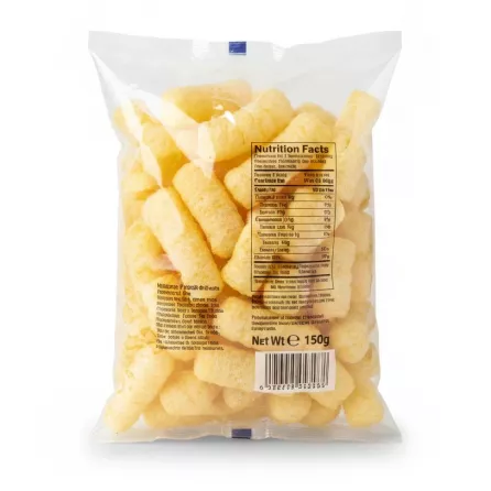 Back view of Buggy Family cheese flavour puffs packaging with ingredients and nutritional facts