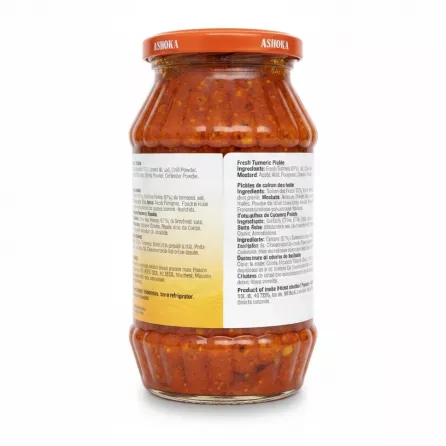 Back of Ashoka Fresh Turmeric Pickle jar showing ingredients list