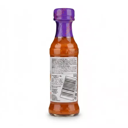 Back label showing ingredients and barcode on Nando's Peri-Peri Garlic Medium Sauce