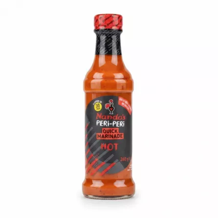 Nando's Peri-Peri Quick Marinade Hot 260g front label and bottle