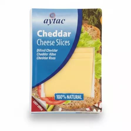 Packaged cheddar cheese slices front