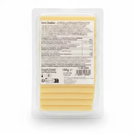 Back of cheddar cheese slices packaging with nutritional info