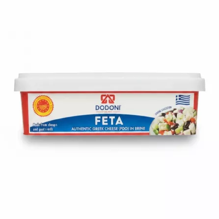 Dodoni brand feta cheese container with blue and red label