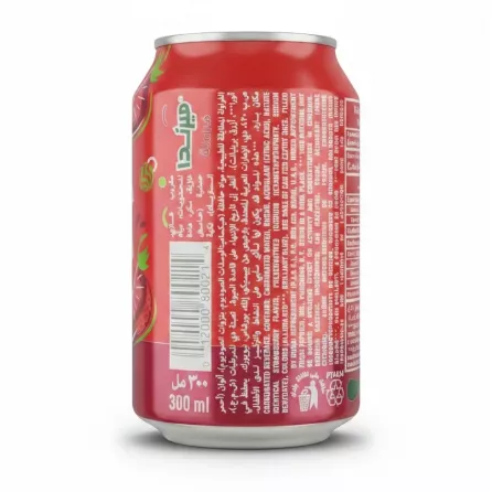 Back of Mirinda Strawberry can showing ingredients and barcode