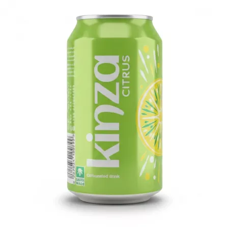 side view of Kinza Citrus drink can showing branding and citrus design