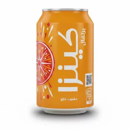 Orange Kinza carbonated drink can held in hand front view