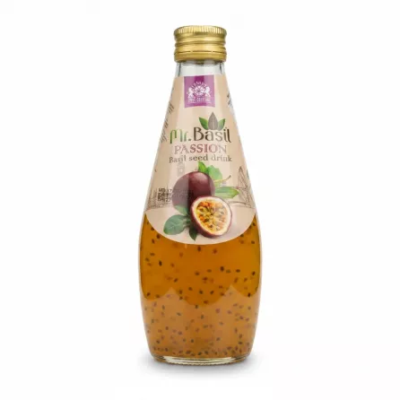 Glass bottle of Mr. Basil Passion Basil Seed Drink with golden cap