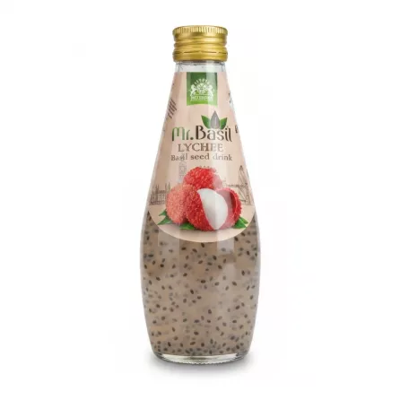 Bottle of Mr. Basil Lychee Basil Seed Drink with visible seeds in liquid