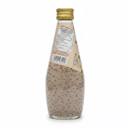 Back view of Mr. Basil Lychee Basil Seed Drink showing nutrition facts and barcode