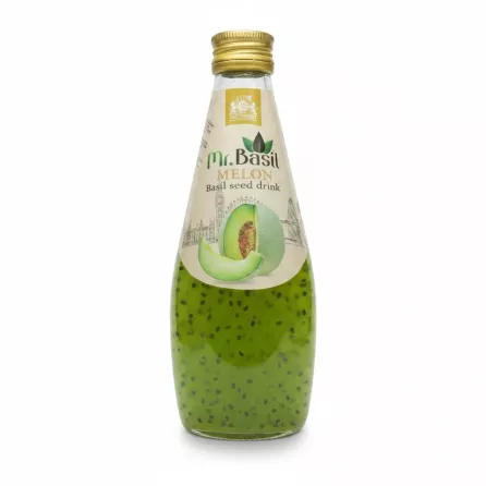 Bottle of Mr. Basil melon basil seed drink showing front label and green content with basil seeds