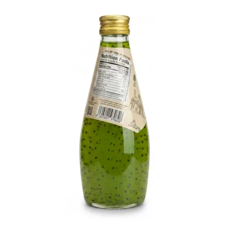 Back side of Mr. Basil melon basil seed drink bottle displaying nutrition facts and barcode