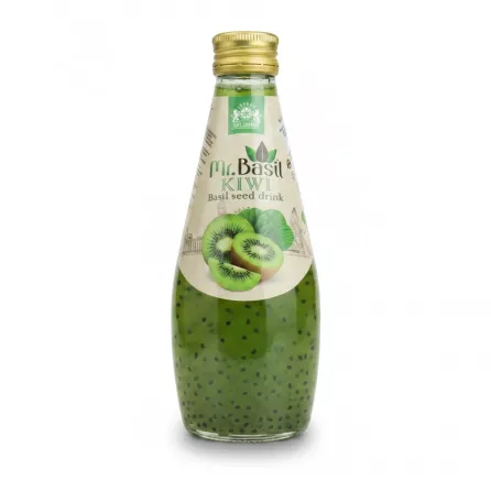 Bottle of Mr. Basil Kiwi Basil Seed Drink with green liquid and visible basil seeds
