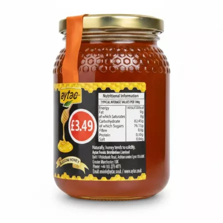 Nutrition facts label of Aytac Blossom Honey jar