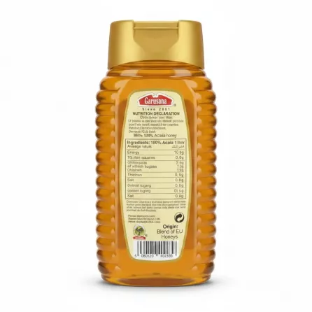 Garusana 100% Acacia Honey bottle back with nutrition and ingredients