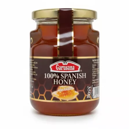 Glass jar of Garusana 100% Spanish Honey with gold lid