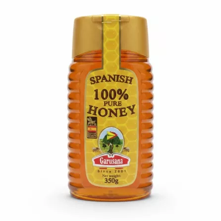 Garusana Spanish 100% pure honey in a golden squeeze bottle