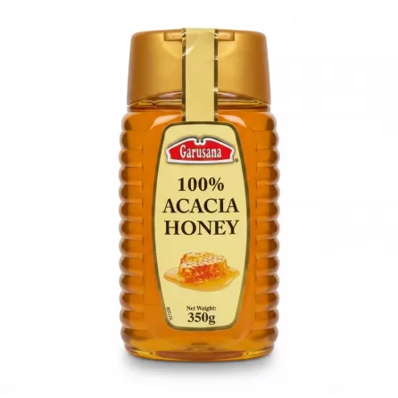 Bottle of Garusana 100% Acacia Honey, 350g, with yellow label and gold cap