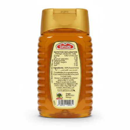 Back view of Garusana 100% Acacia Honey bottle showing nutritional info and barcode