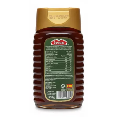 Garusana Pure Spanish Forest Honey 350g bottle back view with nutritional information