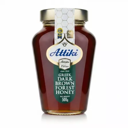 Jar of Attiki Greek Dark Brown Forest Honey in 500g glass container