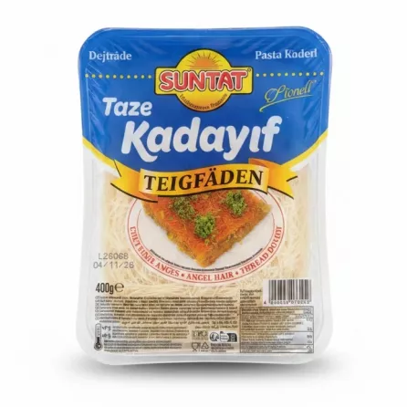 Packaged Suntat brand fresh Kadayif angel hair pastry in blue wrapping