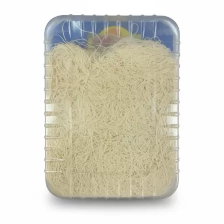 Close up of fine shredded angel hair Kadayif pastry within clear plastic container