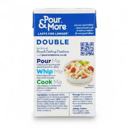 Lakeland Dairies Pour & More Double Cream side carton with ingredients and usage details