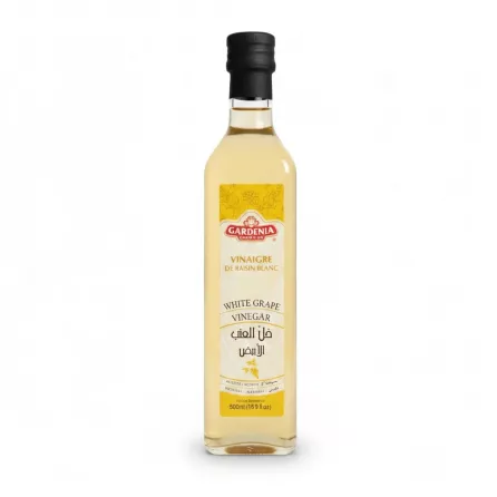Gardenia White Grape Vinegar bottle front label with yellow and white design