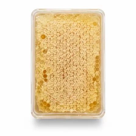 Transparent container showing natural honeycomb with golden honey