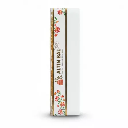Side view of Altin Bal honeycomb container with floral design label