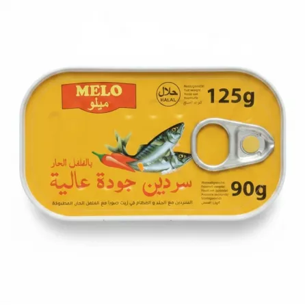 Melo brand sardines with chilli in a yellow tin