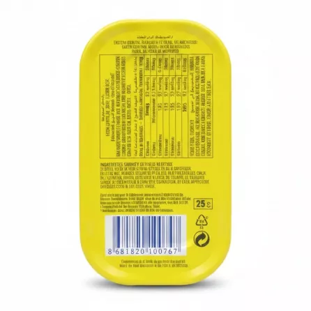 Back of Hana sardines tin showing nutritional information and barcode