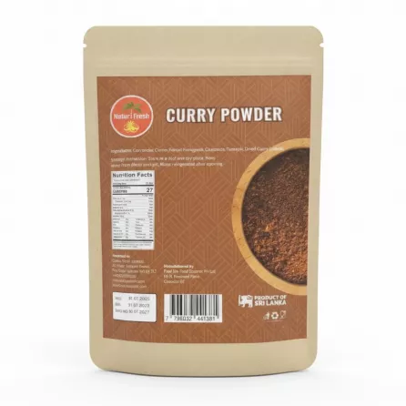 Back label of Naturi Fresh curry powder showing ingredients and nutritional facts