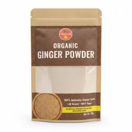 Front view of Natur i Fresh Organic Ginger Powder pouch showing product label and powder