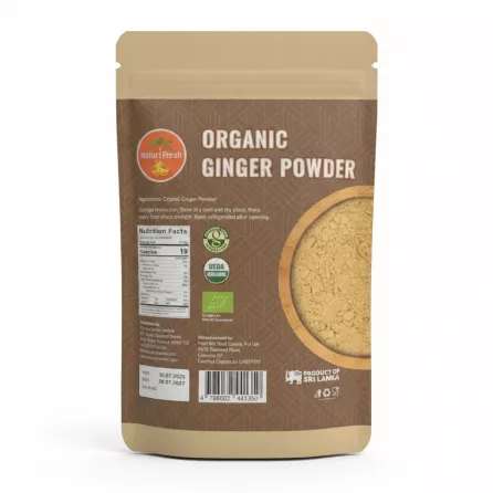 Back view of Natur i Fresh Organic Ginger Powder pouch with nutrition facts and barcode