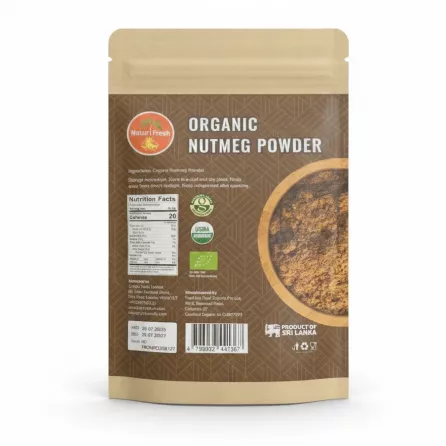 Natur i Fresh Organic Nutmeg Powder back packaging with nutrition and barcode