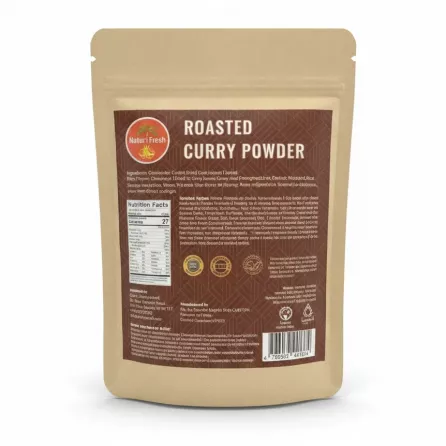 Back view of Naturi Fresh Roasted Curry Powder showing ingredients, nutrition facts, and barcode