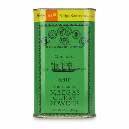 Ship brand Madras curry powder tin with green label front view