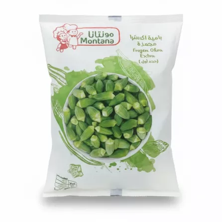 Front side of Montana Frozen Okra Extra bag showing green okra pieces