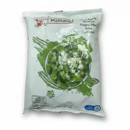 Montana brand frozen okra in sealed plastic bag