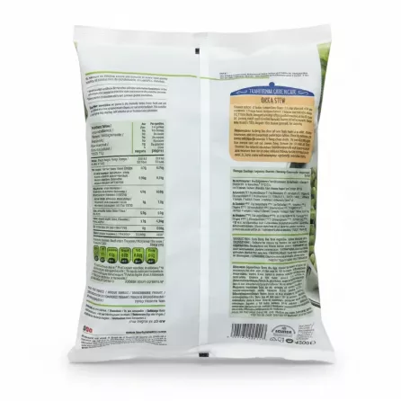 Back of frozen okra pack showing nutritional info and cooking instructions