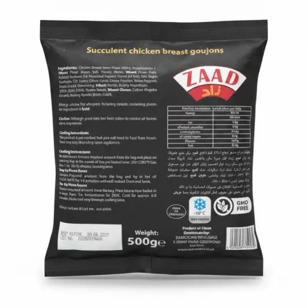 Zaad Peri Peri Chicken Fillet Strips package back with ingredients and instructions