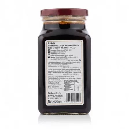 Back view of Seyidoğlu Grape Molasses jar showing ingredients and nutrition label
