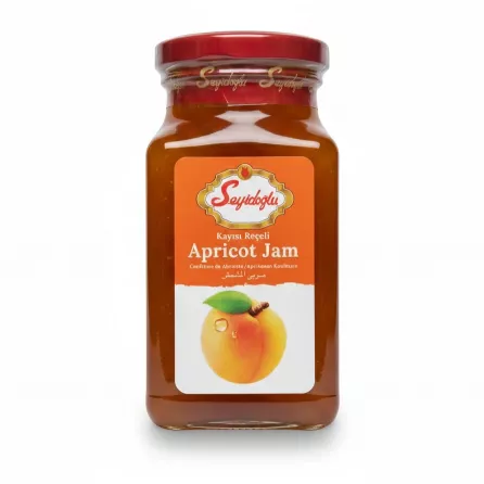 Glass jar of Seyidoğlu Apricot Jam with orange label