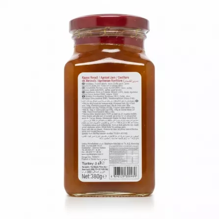 Back label of Seyidoğlu Apricot Jam showing ingredients and nutritional facts