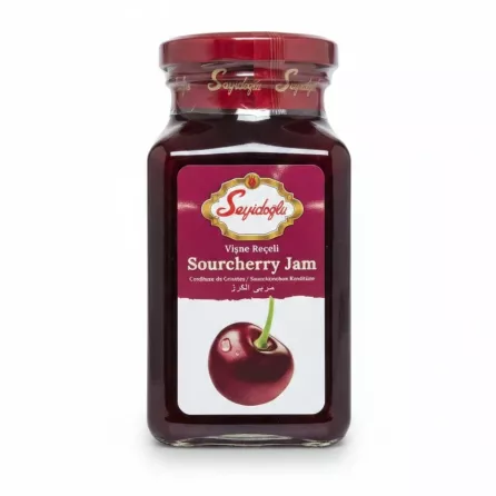 Glass jar of Seyidoglu Sourcherry Jam with red lid