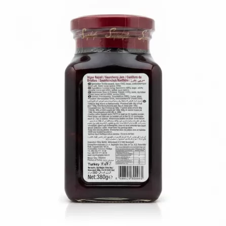 Back label of Seyidoglu Sourcherry Jam showing ingredients and nutritional info